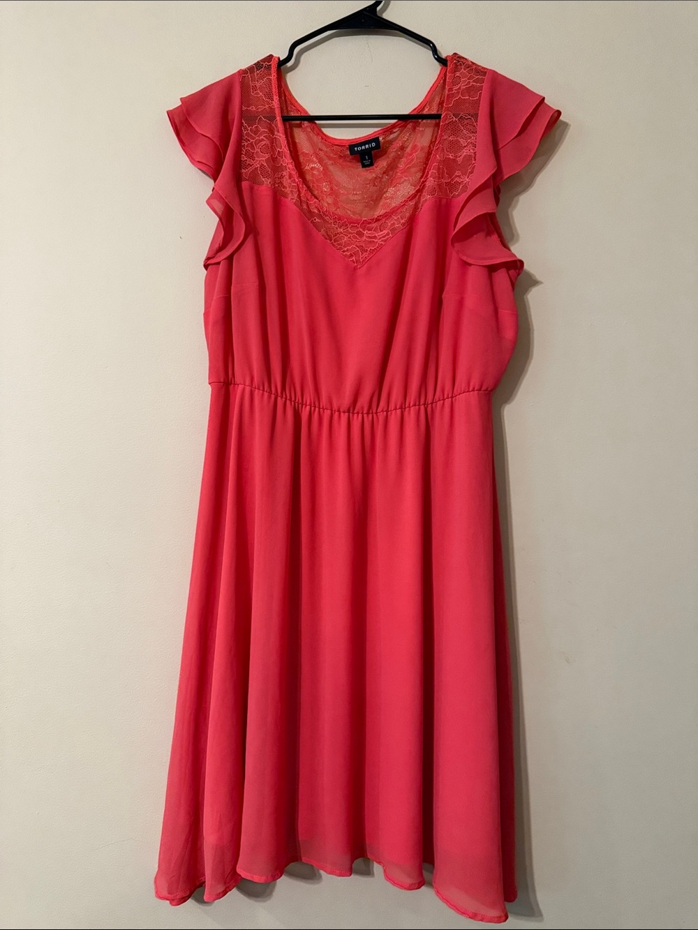 torrid Coral Lace Yoke Flutter Sleeve A-Line Dress